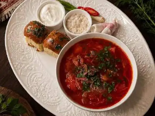 Борщ с пампушками и салом